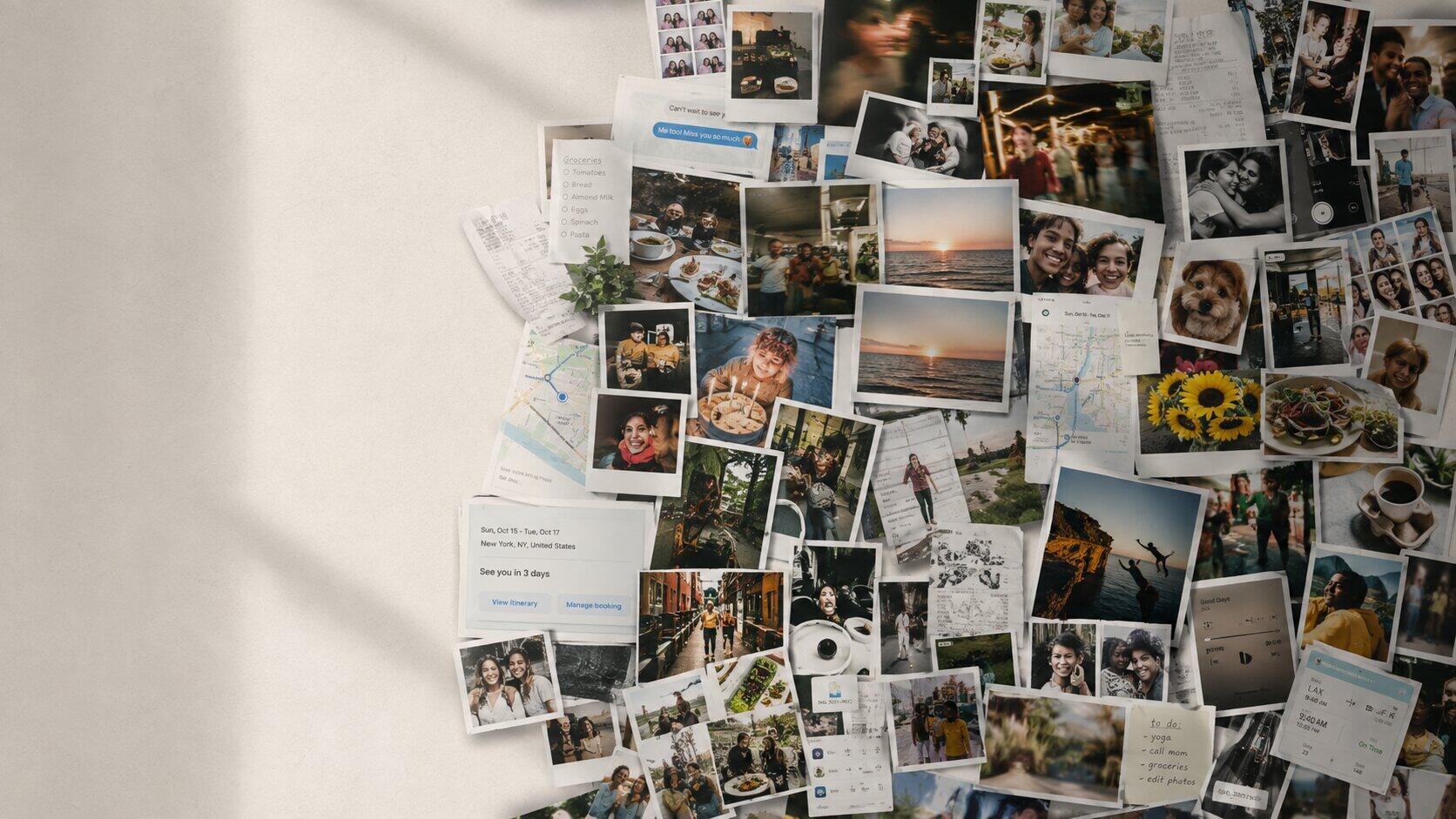 A scattered collage of everyday photos — selfies, food, receipts, a boarding pass — the kind of unsorted camera roll inAmber turns into a timeline.